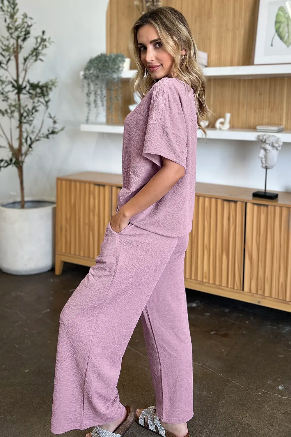 Textured short sleeve top and pants set women's fashion