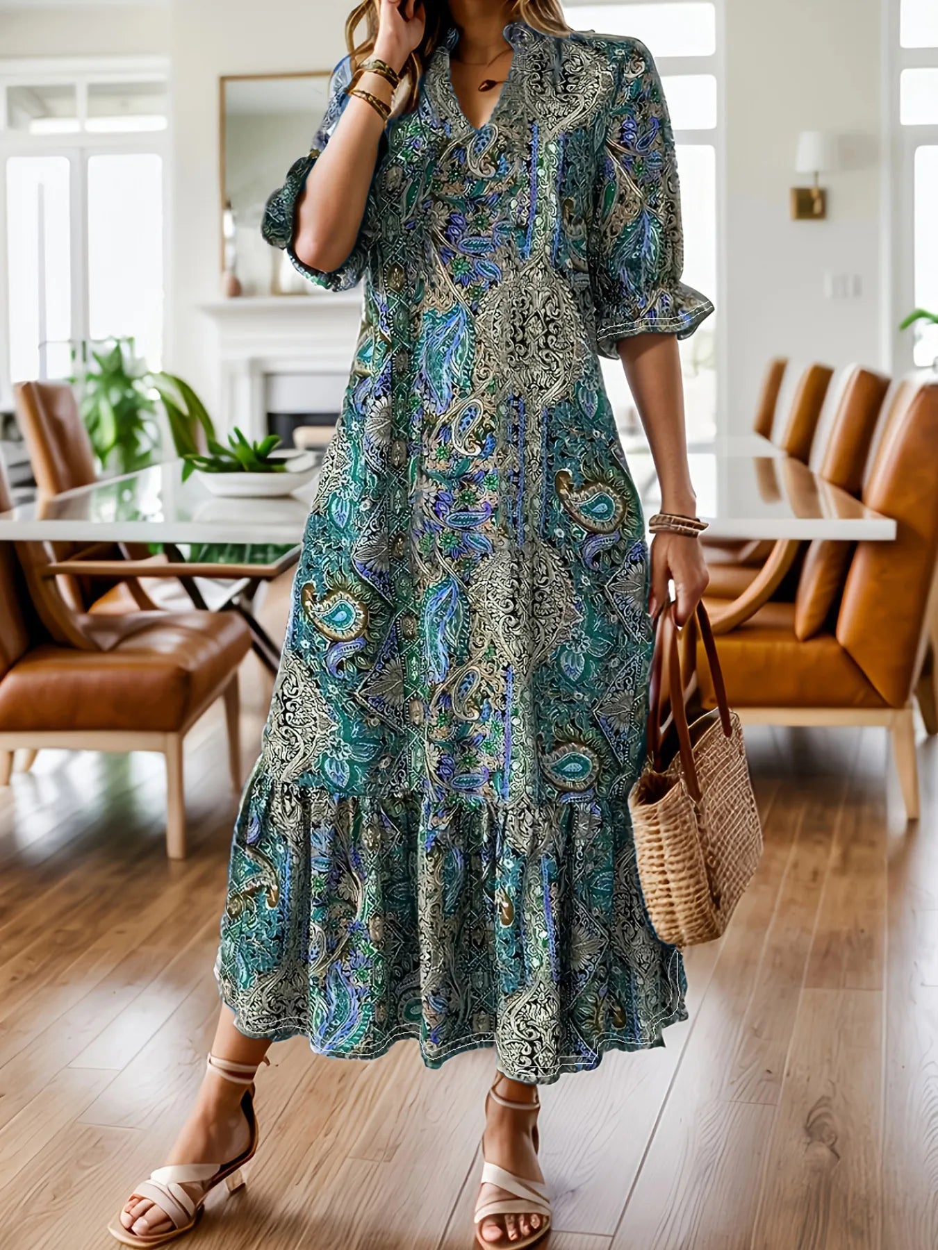 Full Size Bohemian Paisley Print Ruffle Hem Midi Dress Plus Size - ELC Fashion