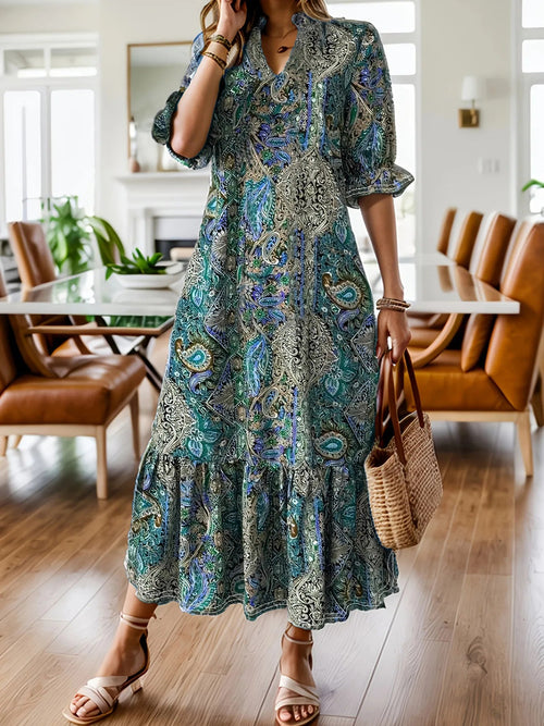 Bohemian paisley midi dress with ruffle hem