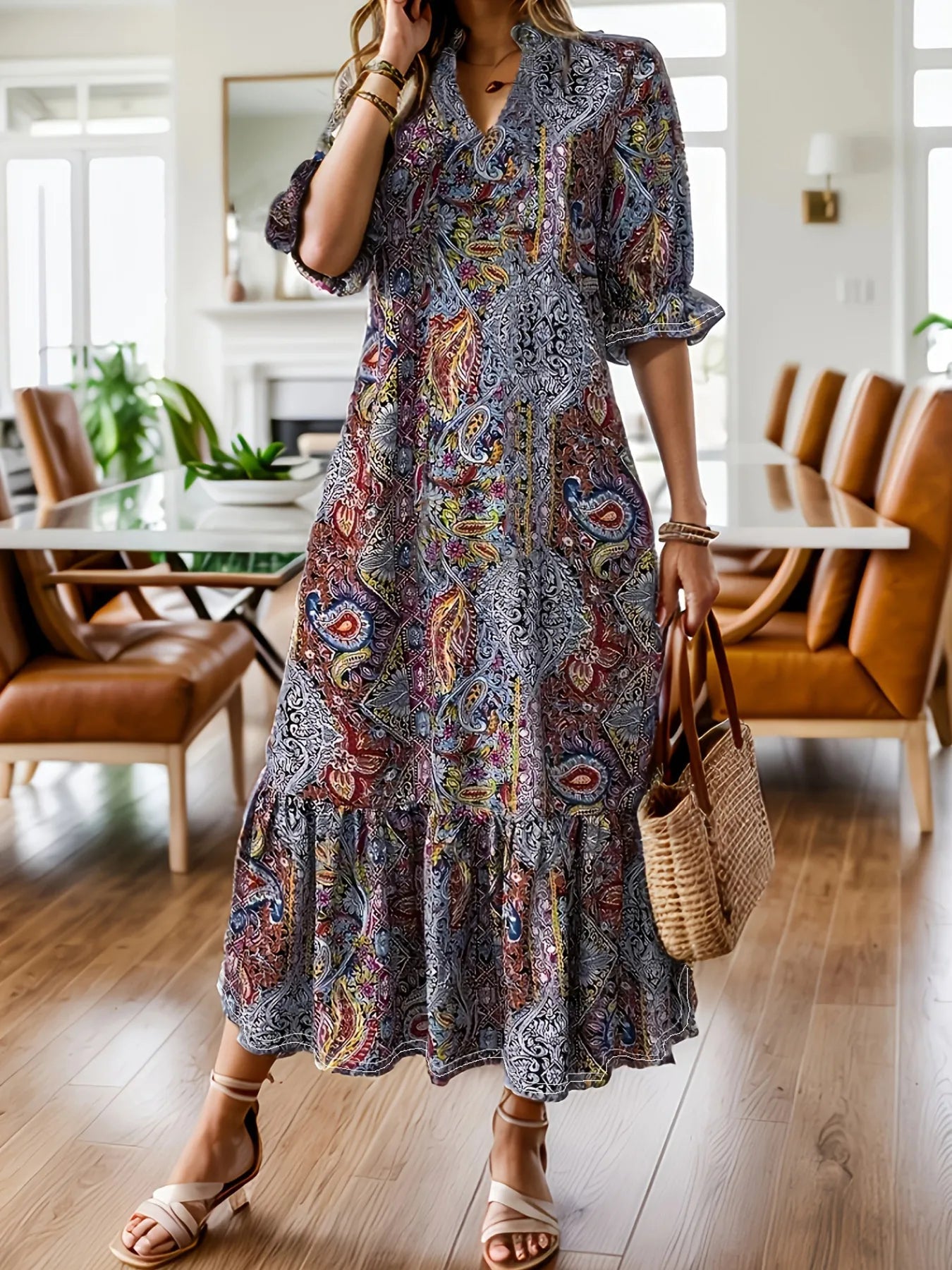 Full Size Bohemian Paisley Print Ruffle Hem Midi Dress Plus Size - ELC Fashion