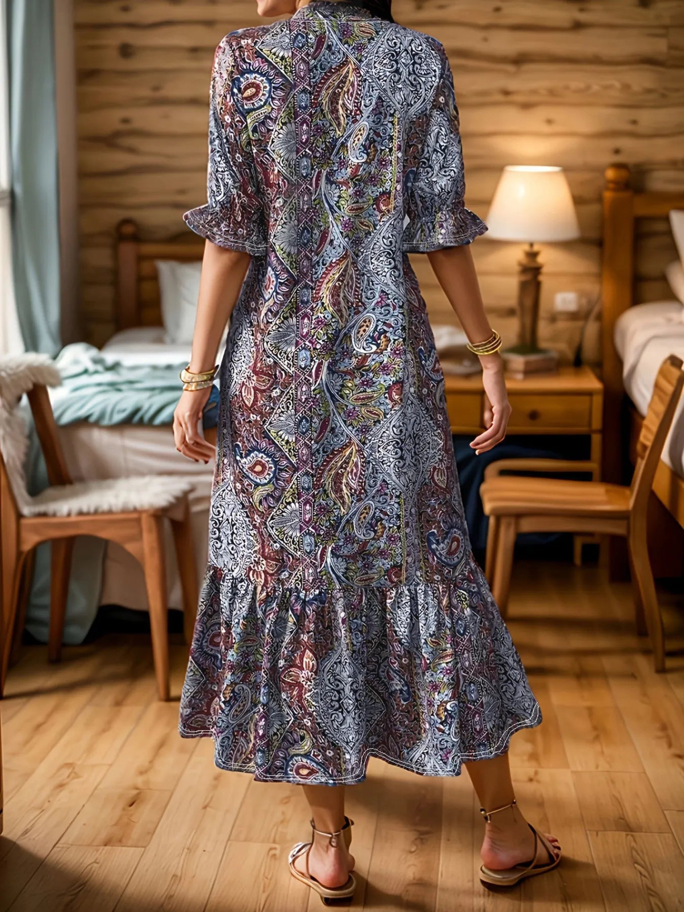 Full Size Bohemian Paisley Print Ruffle Hem Midi Dress Plus Size - ELC Fashion