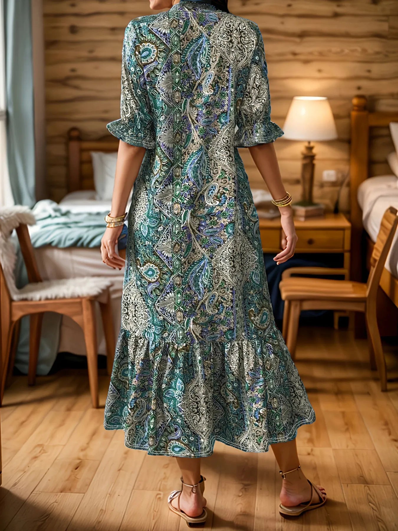 Full Size Bohemian Paisley Print Ruffle Hem Midi Dress Plus Size - ELC Fashion