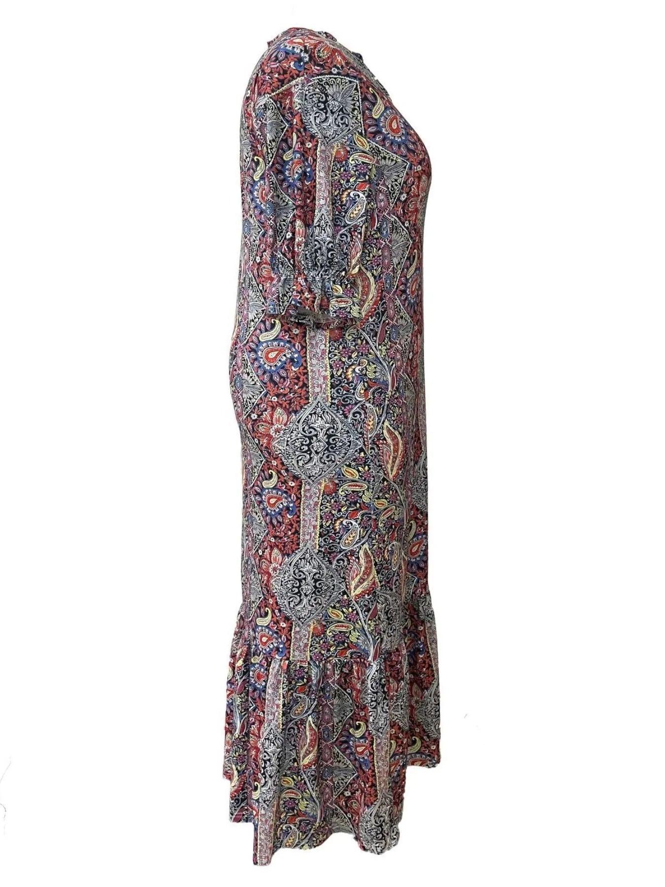 Full Size Bohemian Paisley Print Ruffle Hem Midi Dress Plus Size - ELC Fashion