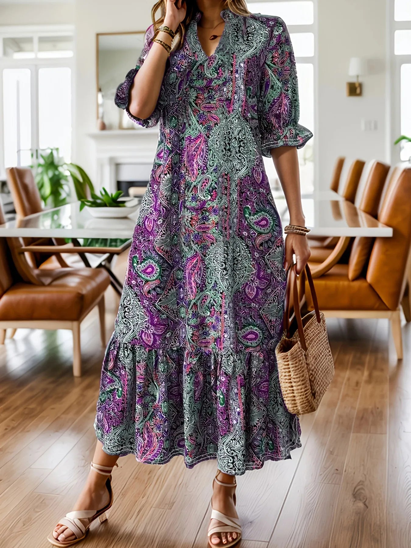 Full Size Bohemian Paisley Print Ruffle Hem Midi Dress Plus Size - ELC Fashion