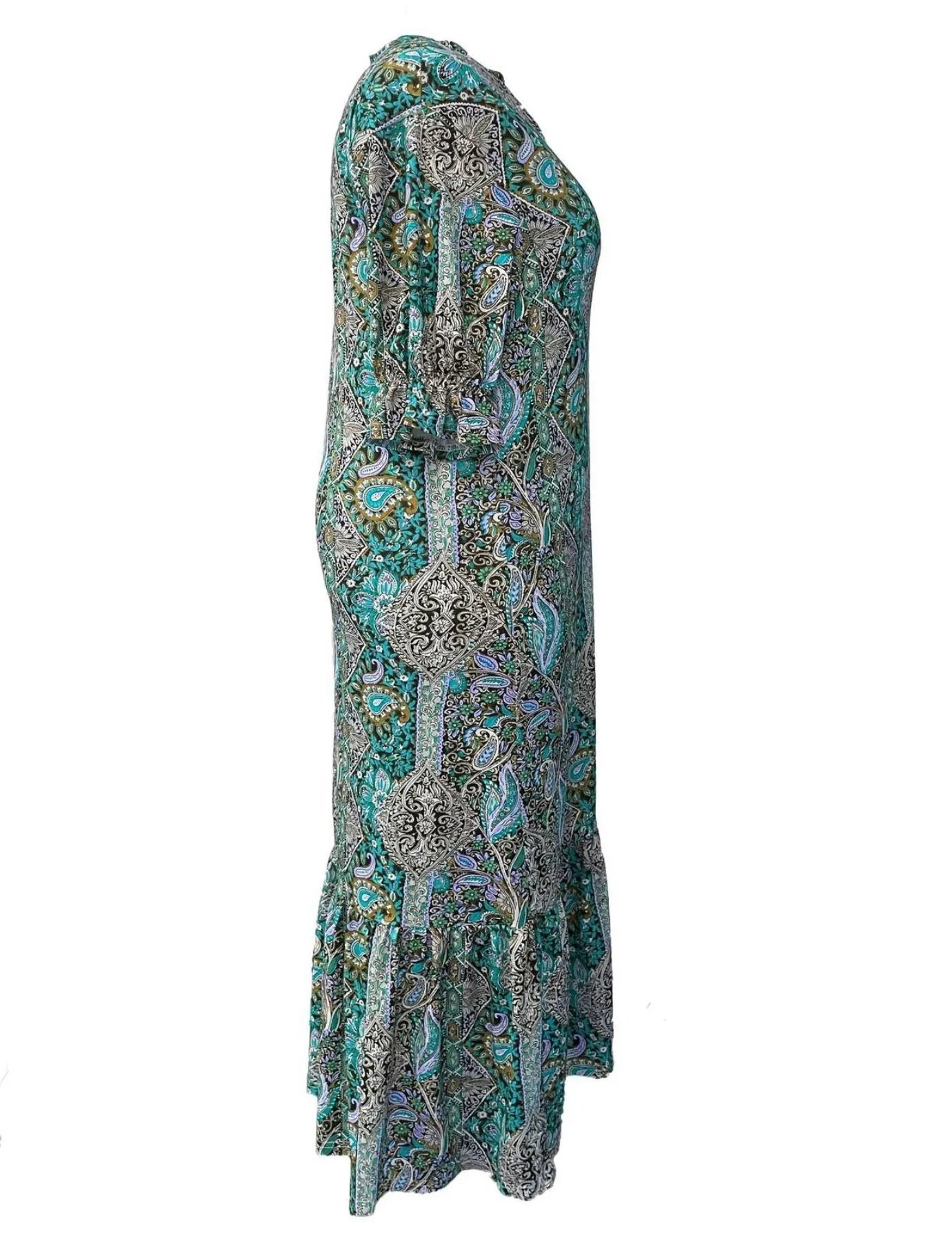 Full Size Bohemian Paisley Print Ruffle Hem Midi Dress Plus Size - ELC Fashion