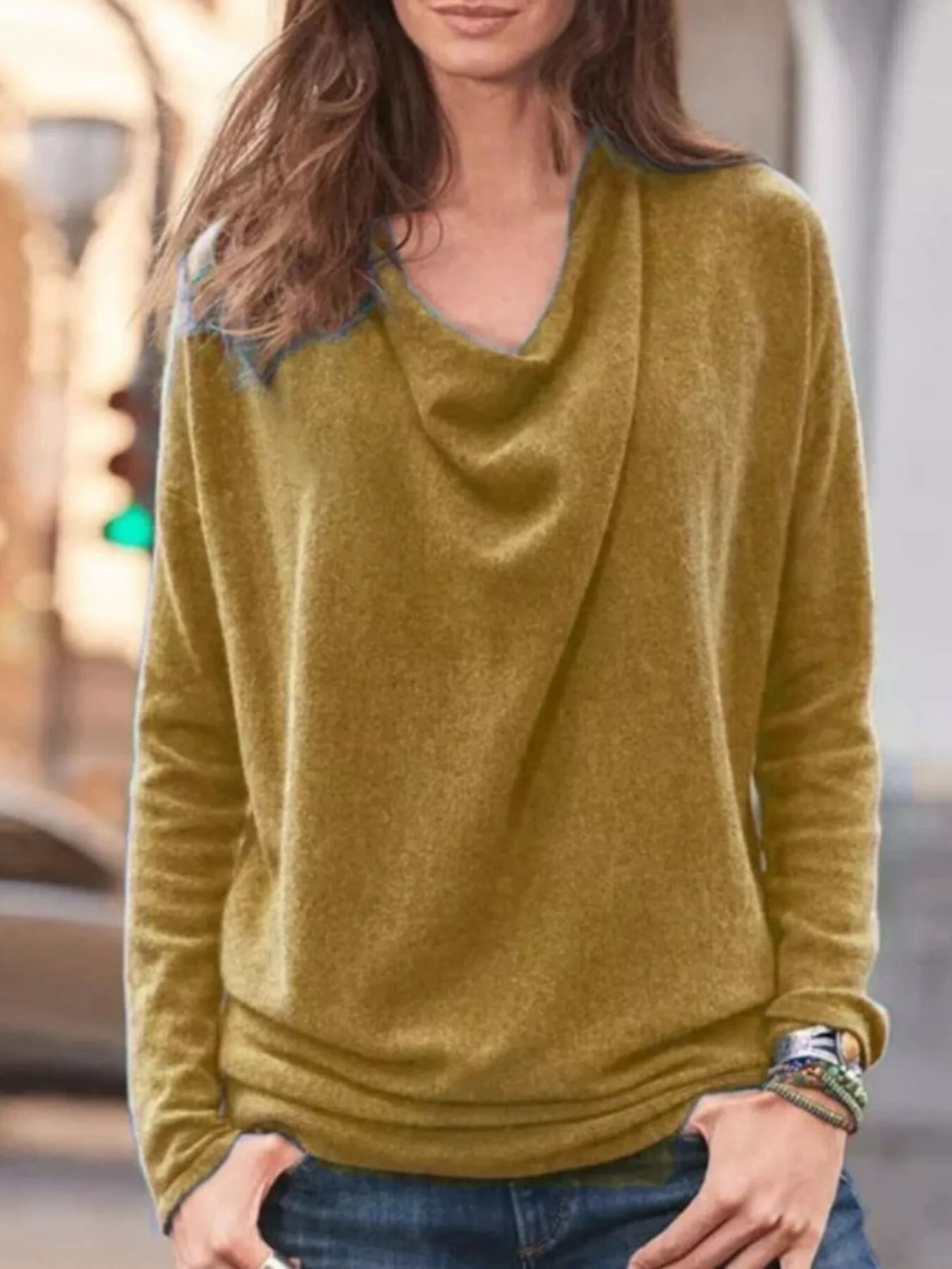Full Size Cowl Neck Long Sleeve Top - ELC Fashion