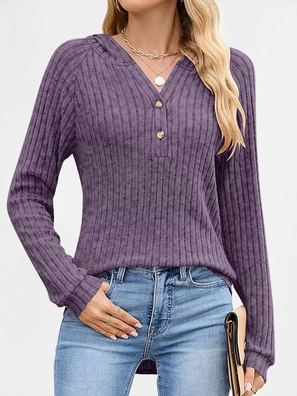 Full Size Ribbed Knit Button Detail Hooded Top Plus Size - ELC Fashion