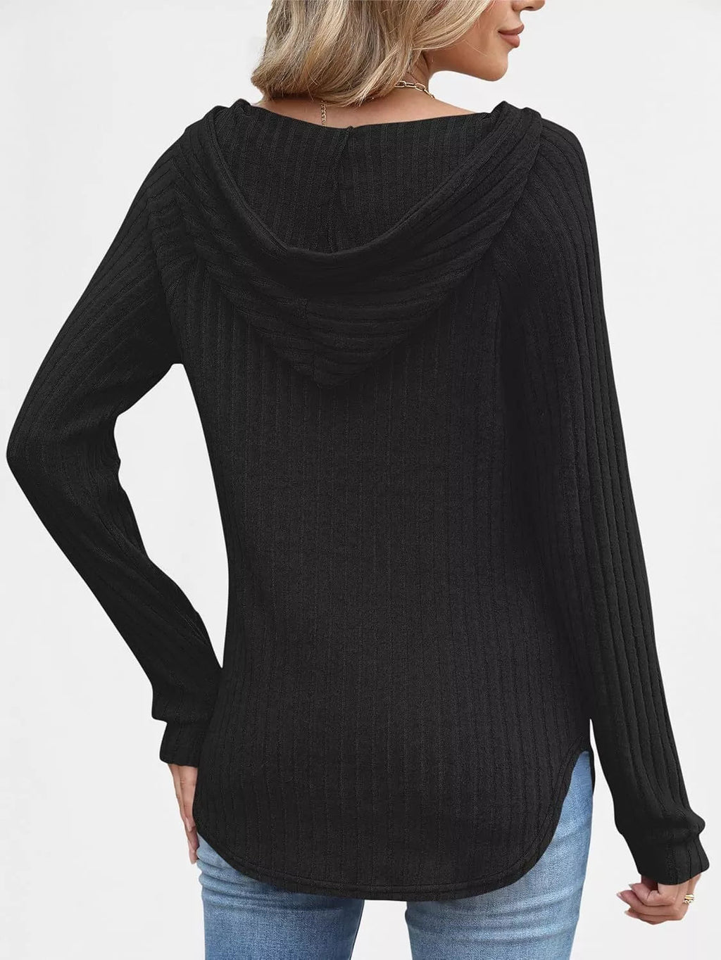 Full Size Ribbed Knit Button Detail Hooded Top Plus Size - ELC Fashion