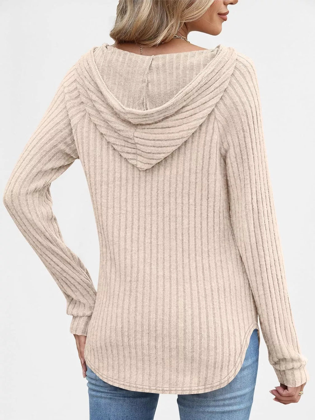 Full Size Ribbed Knit Button Detail Hooded Top Plus Size - ELC Fashion