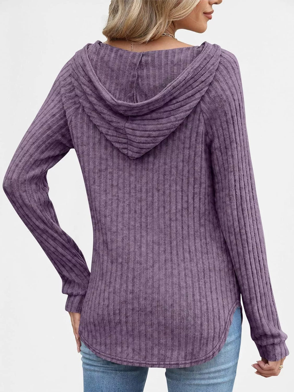 Full Size Ribbed Knit Button Detail Hooded Top Plus Size - ELC Fashion
