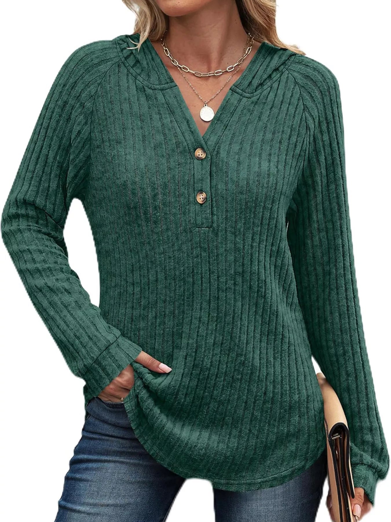 Full Size Ribbed Knit Button Detail Hooded Top Plus Size - ELC Fashion