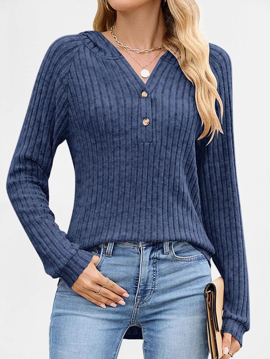 Full Size Ribbed Knit Button Detail Hooded Top Plus Size - ELC Fashion