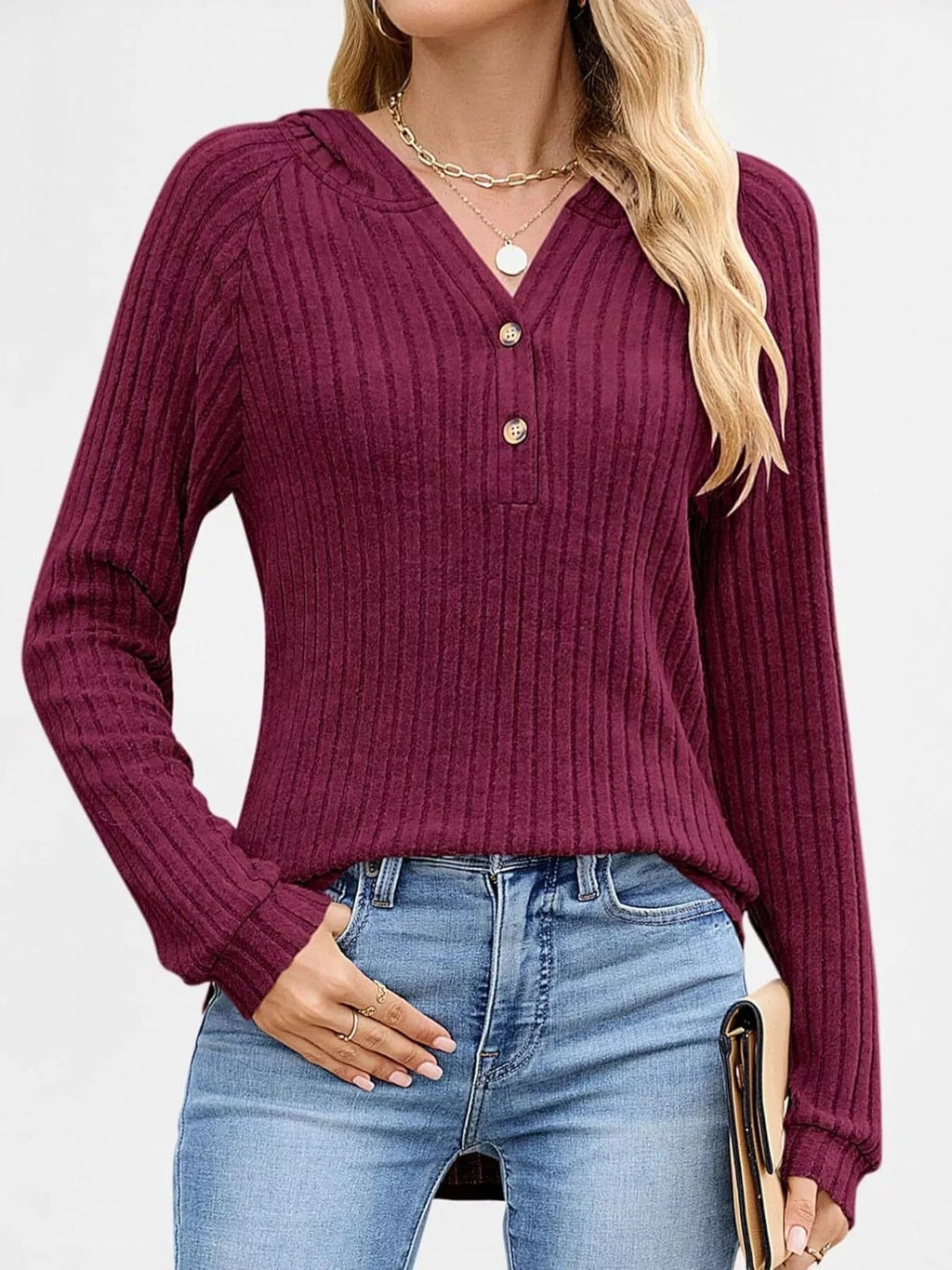 Full Size Ribbed Knit Button Detail Hooded Top Plus Size - ELC Fashion