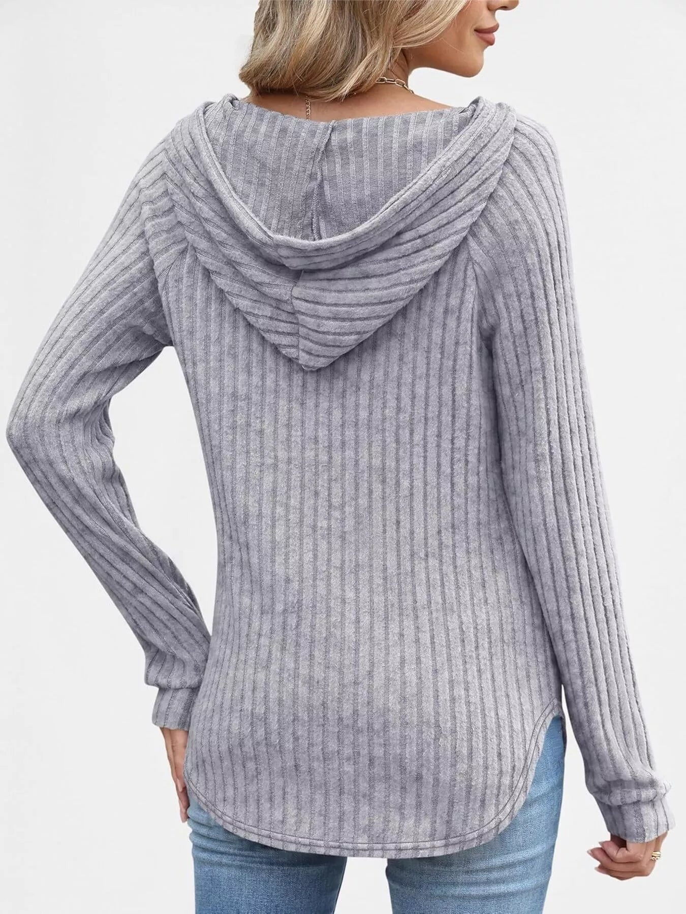 Full Size Ribbed Knit Button Detail Hooded Top Plus Size - ELC Fashion