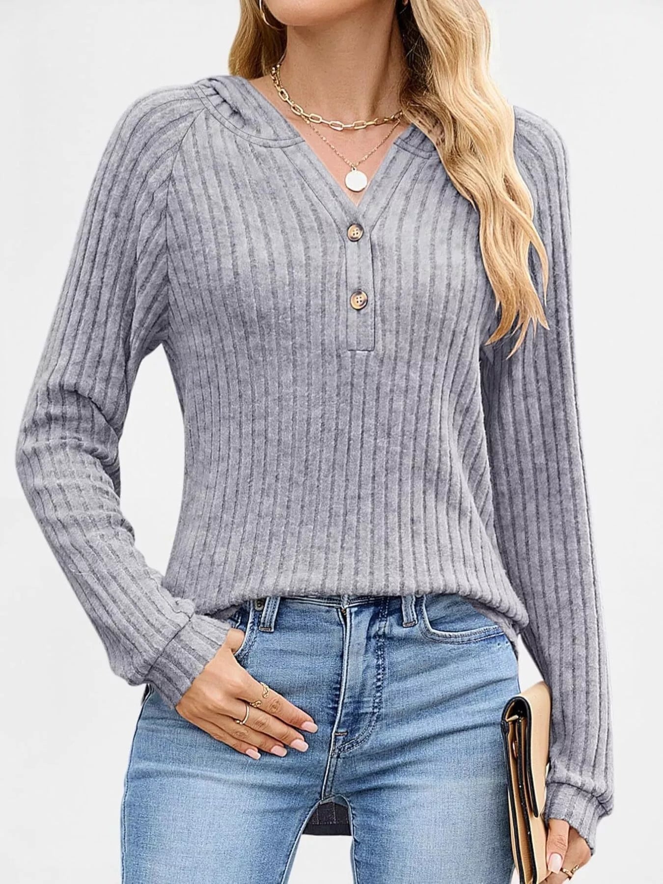 Full Size Ribbed Knit Button Detail Hooded Top Plus Size - ELC Fashion
