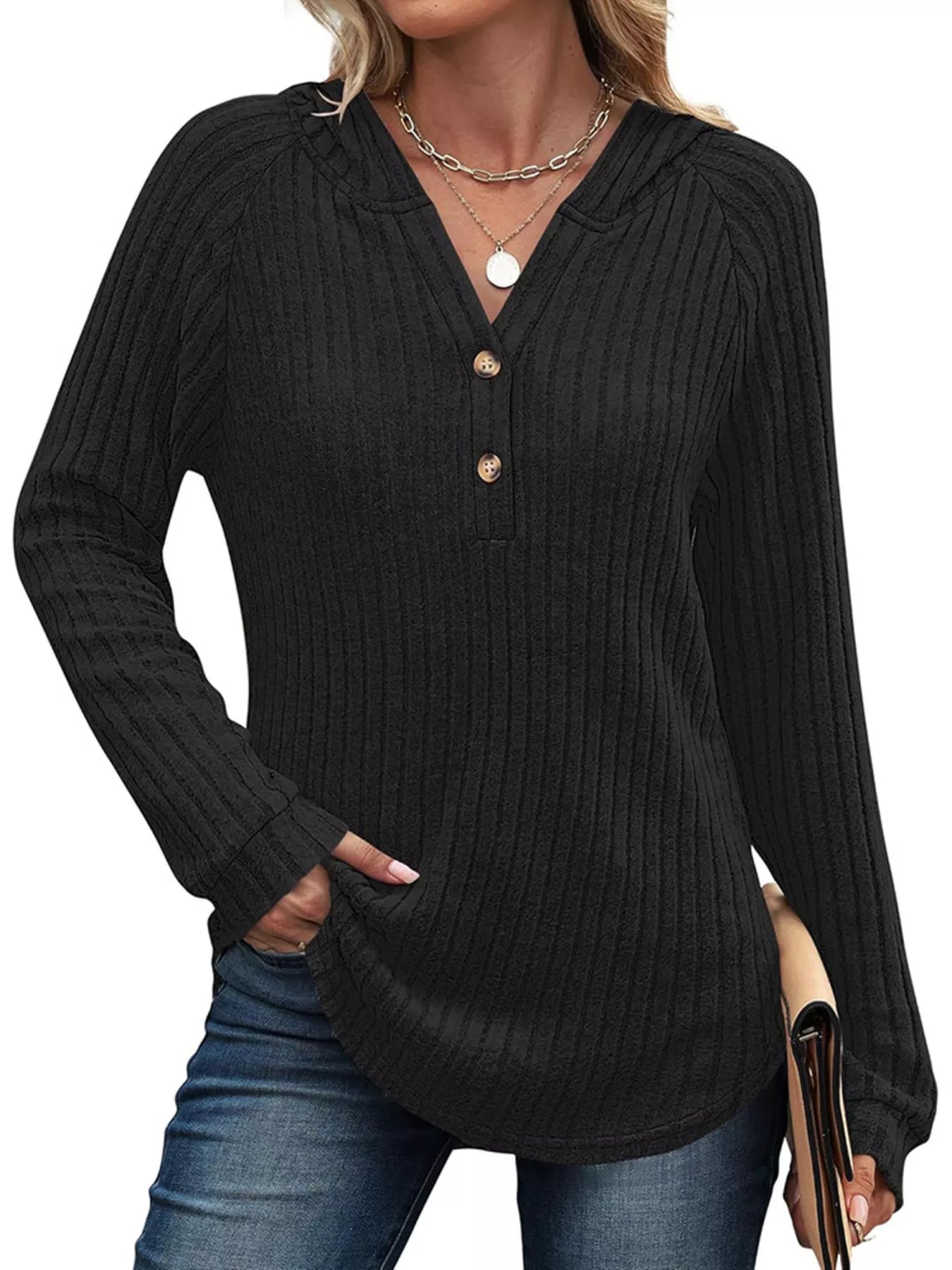 Full Size Ribbed Knit Button Detail Hooded Top Plus Size - ELC Fashion