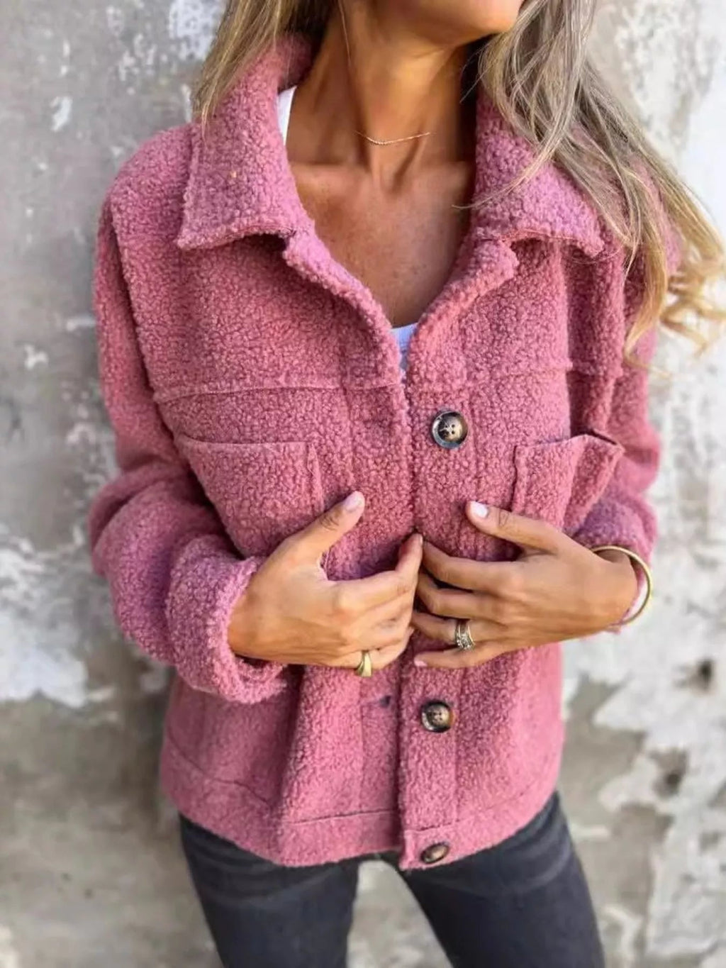 Full Size Single - Breasted Sherpa Shacket Plus Size - ELC Fashion