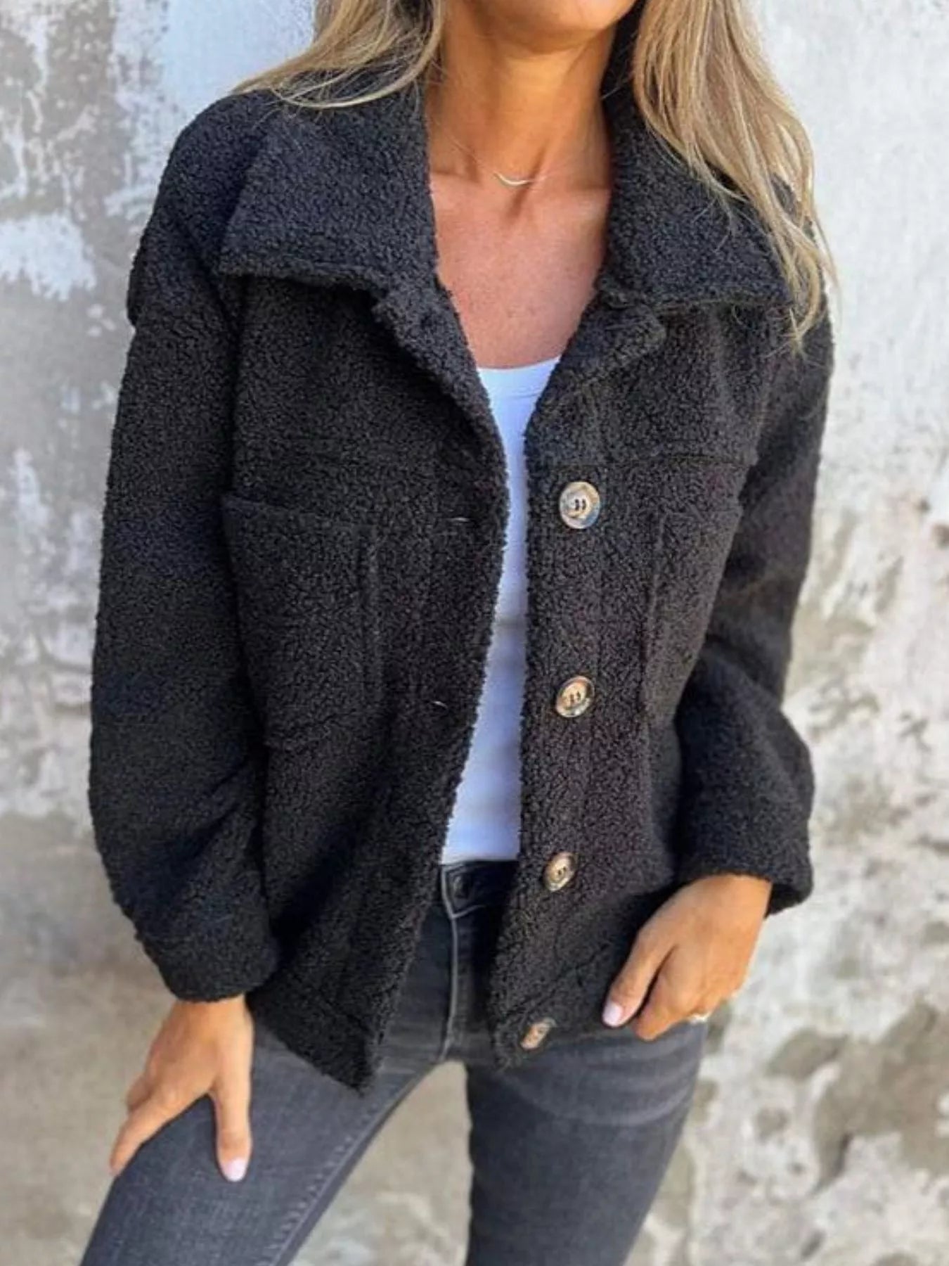 Full Size Single - Breasted Sherpa Shacket Plus Size - ELC Fashion