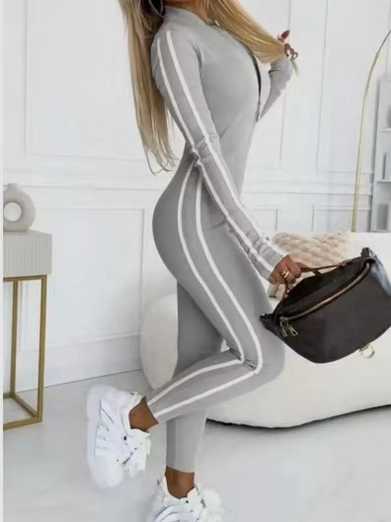 Full Size Stripe Zip - Front Long Sleeve Jumpsuit - ELC Fashion