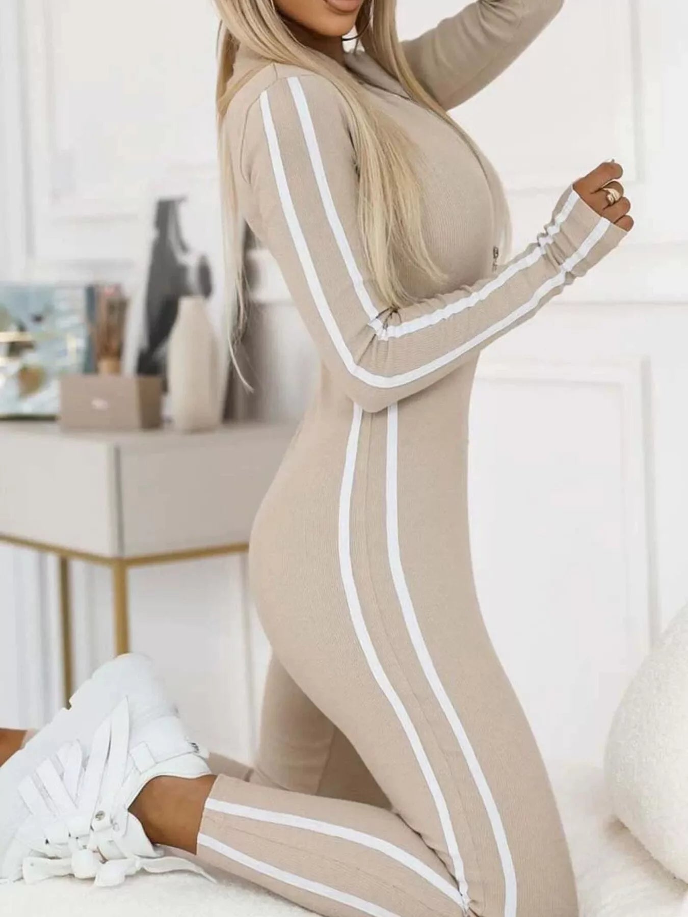 Full Size Stripe Zip - Front Long Sleeve Jumpsuit - ELC Fashion