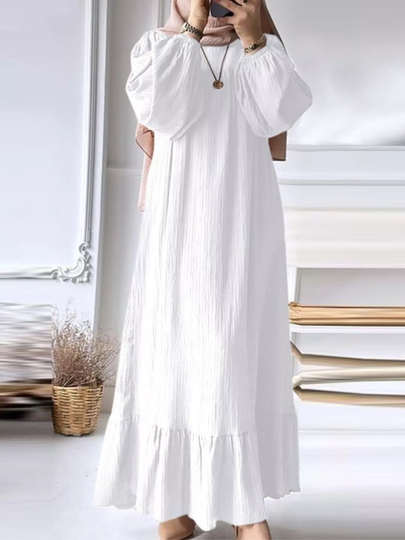 Full Size Textured Balloon Sleeve Maxi Dress Plus Size - ELC Fashion