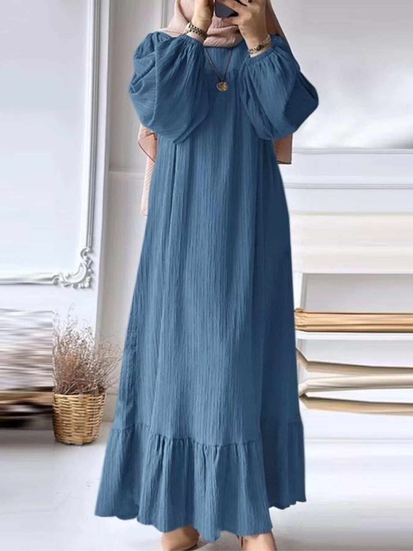 Full Size Textured Balloon Sleeve Maxi Dress Plus Size - ELC Fashion