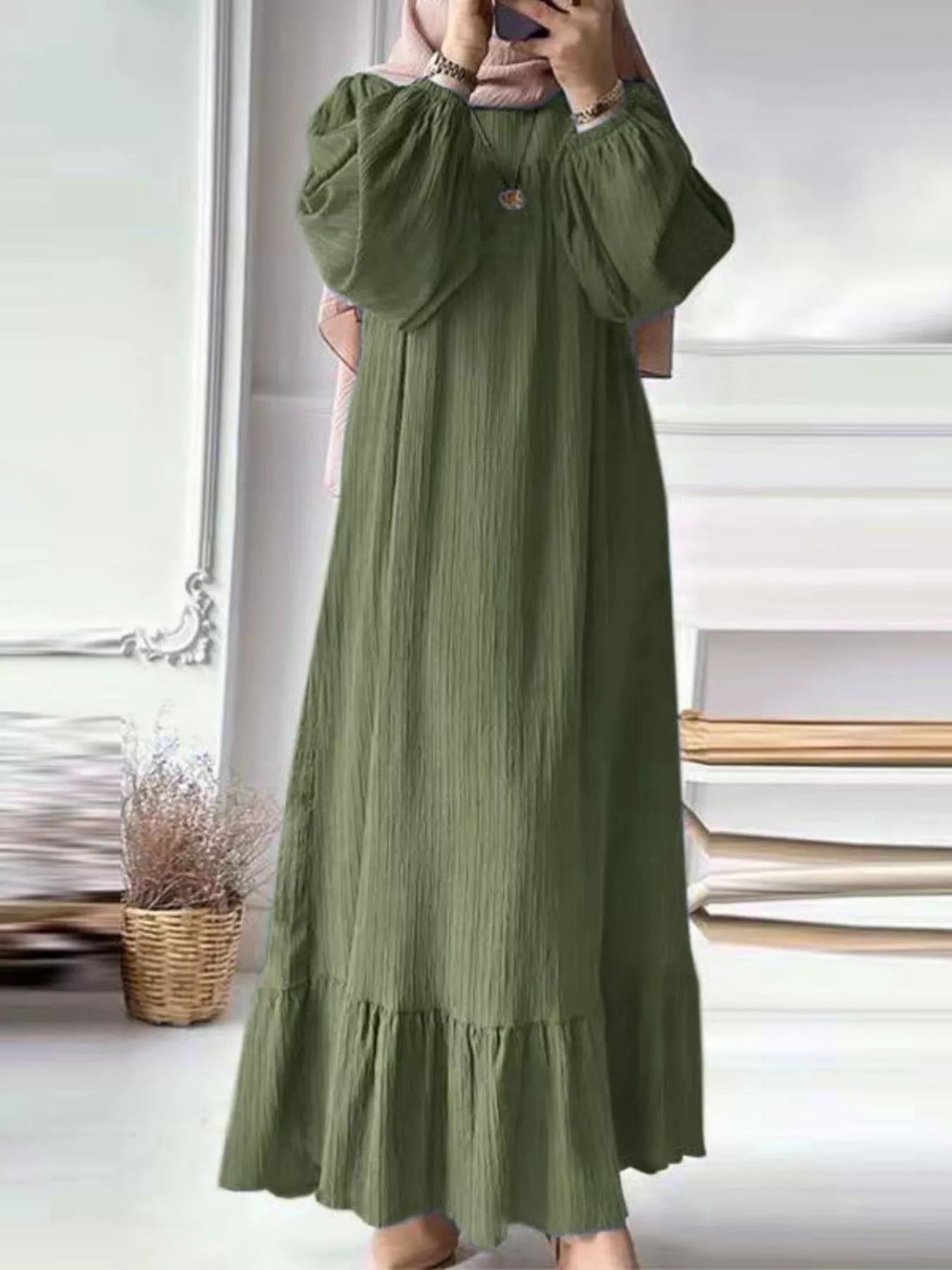 Full Size Textured Balloon Sleeve Maxi Dress Plus Size - ELC Fashion
