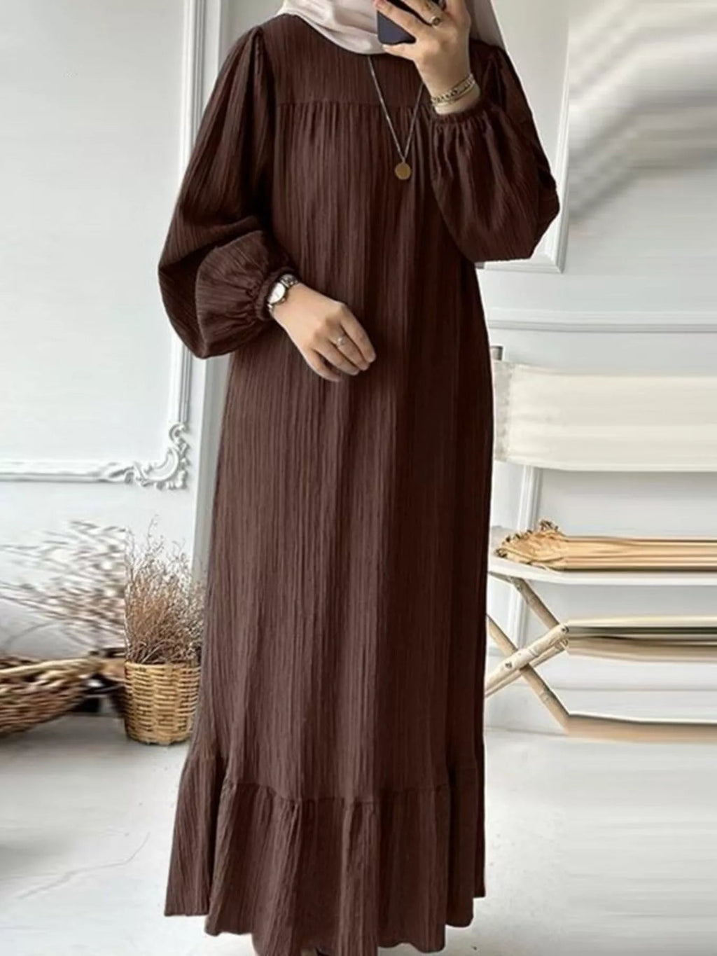 Full Size Textured Balloon Sleeve Maxi Dress Plus Size - ELC Fashion