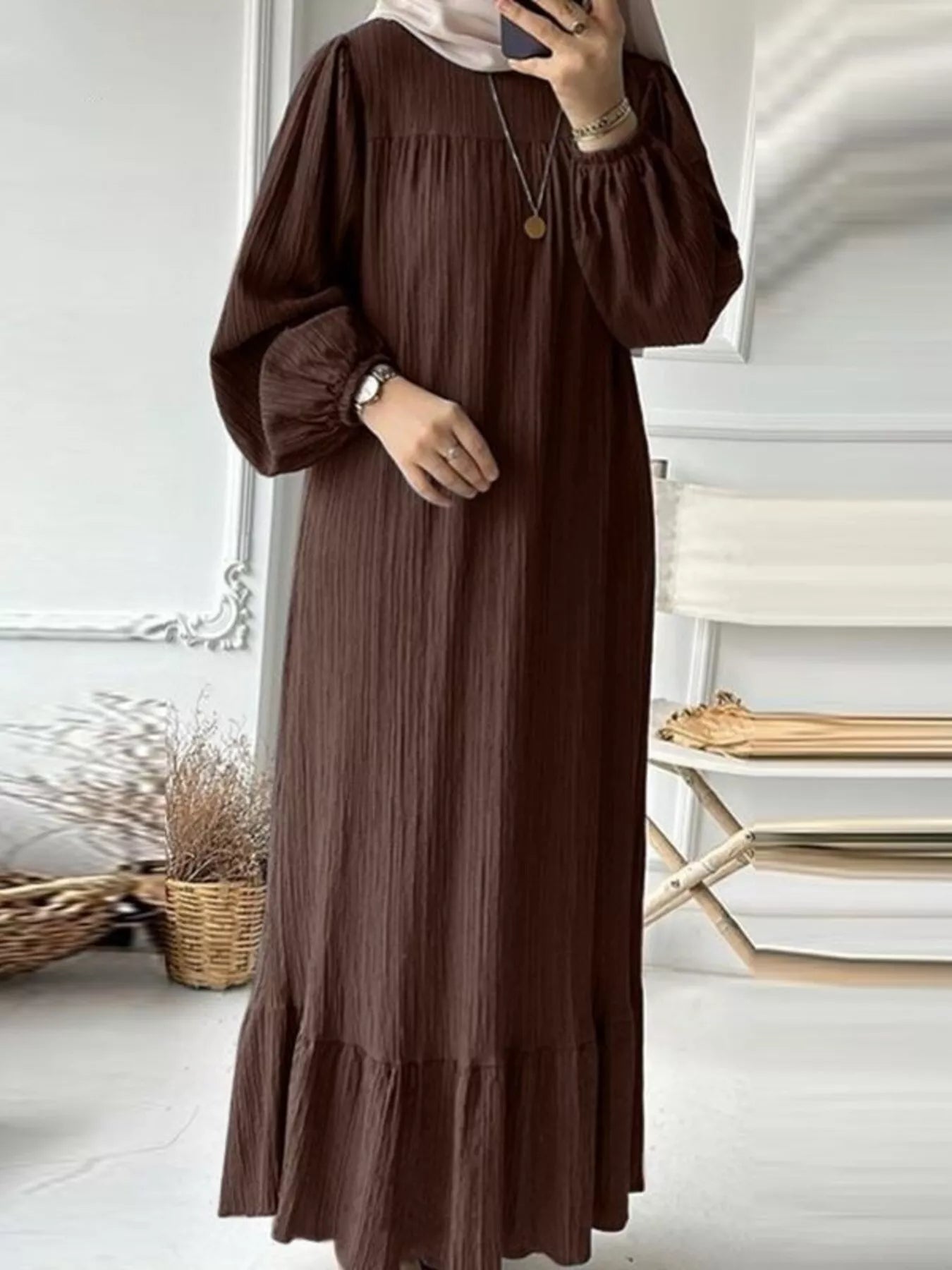 Full Size Textured Balloon Sleeve Maxi Dress Plus Size - ELC Fashion