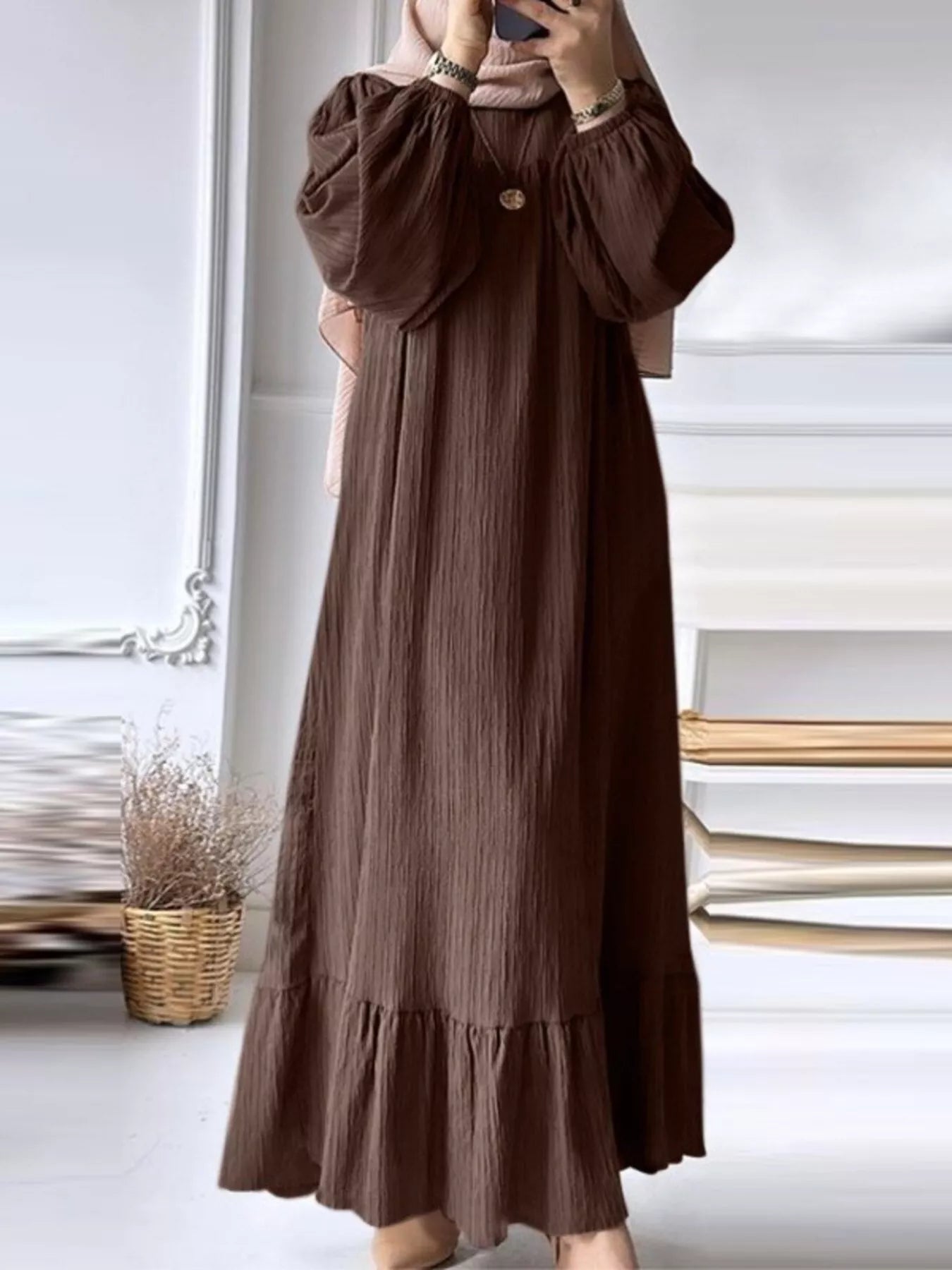 Full Size Textured Balloon Sleeve Maxi Dress Plus Size - ELC Fashion