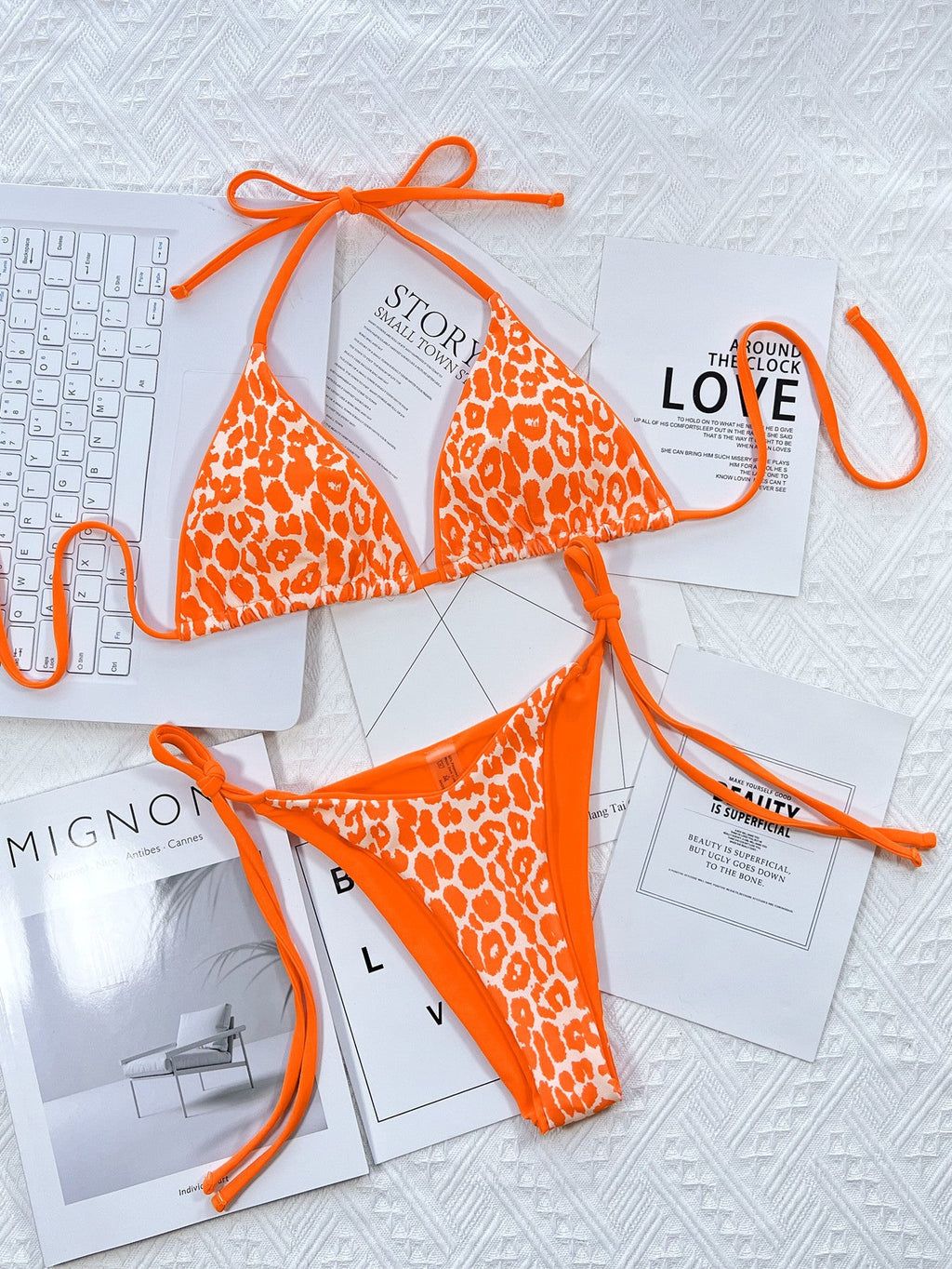 Leopard Print Halter Neck Tie Side Bikini Set - ELC Fashion