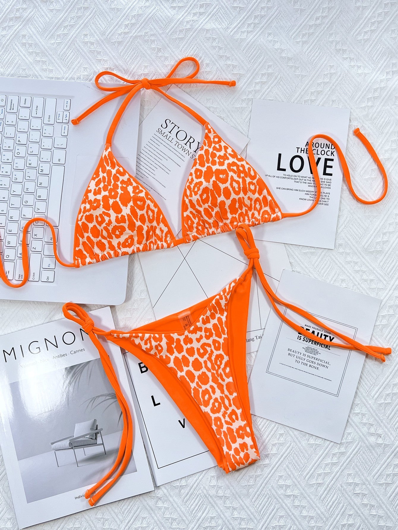 Leopard Print Halter Neck Tie Side Bikini Set - ELC Fashion