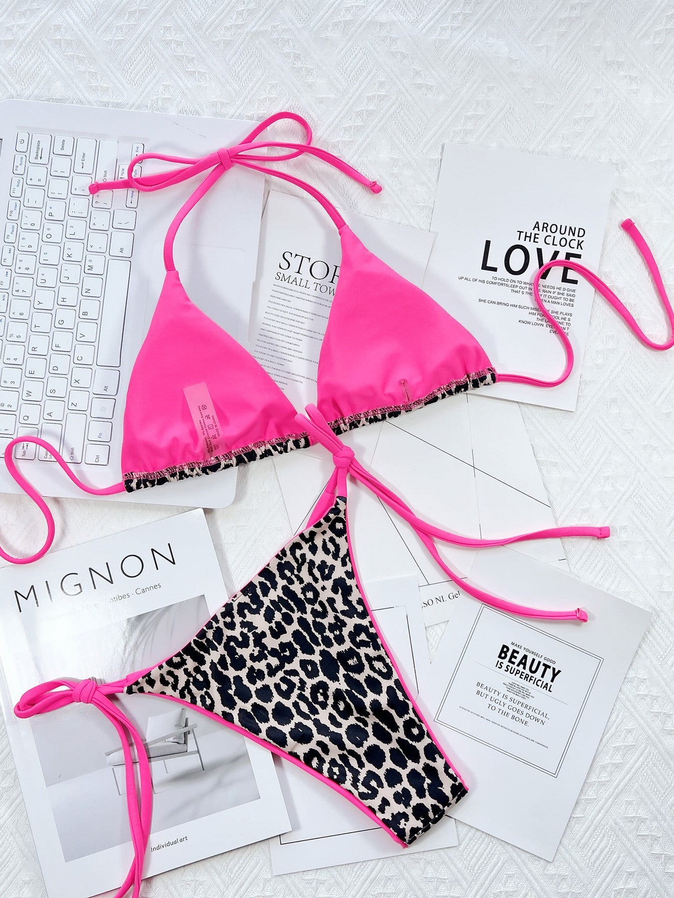 Leopard Print Halter Neck Tie Side Bikini Set - ELC Fashion