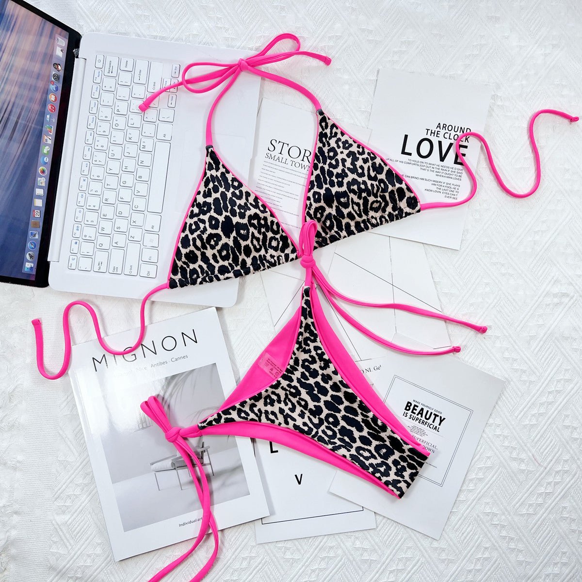 Leopard Print Halter Neck Tie Side Bikini Set - ELC Fashion