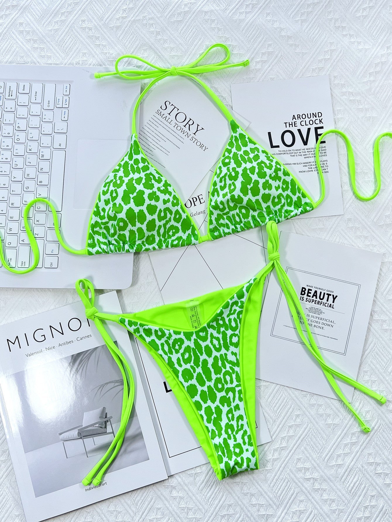 Leopard Print Halter Neck Tie Side Bikini Set - ELC Fashion