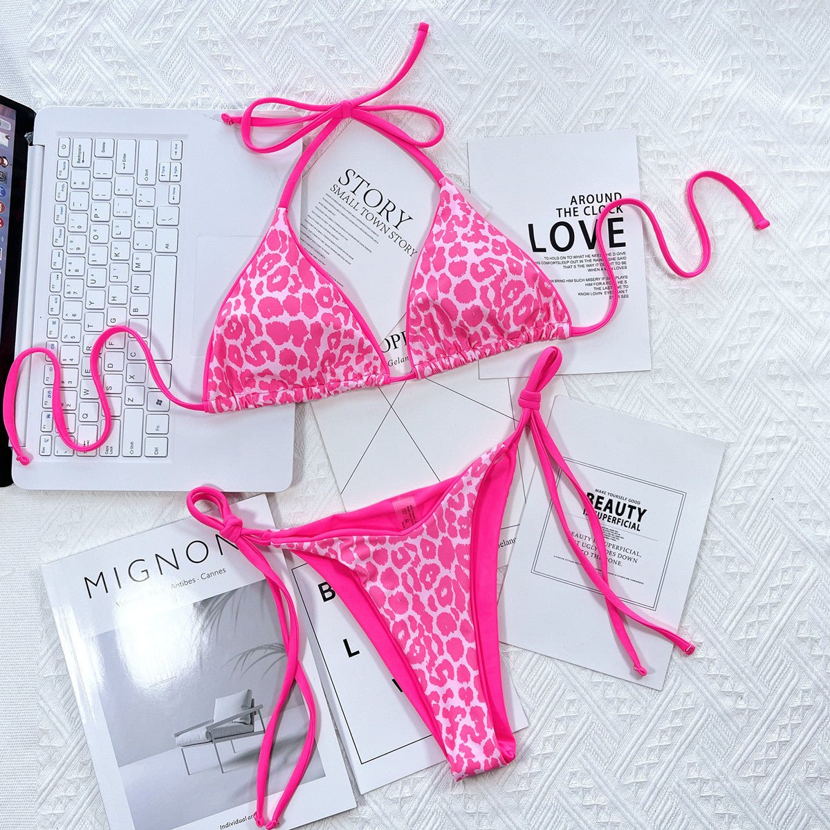 Leopard Print Halter Neck Tie Side Bikini Set - ELC Fashion