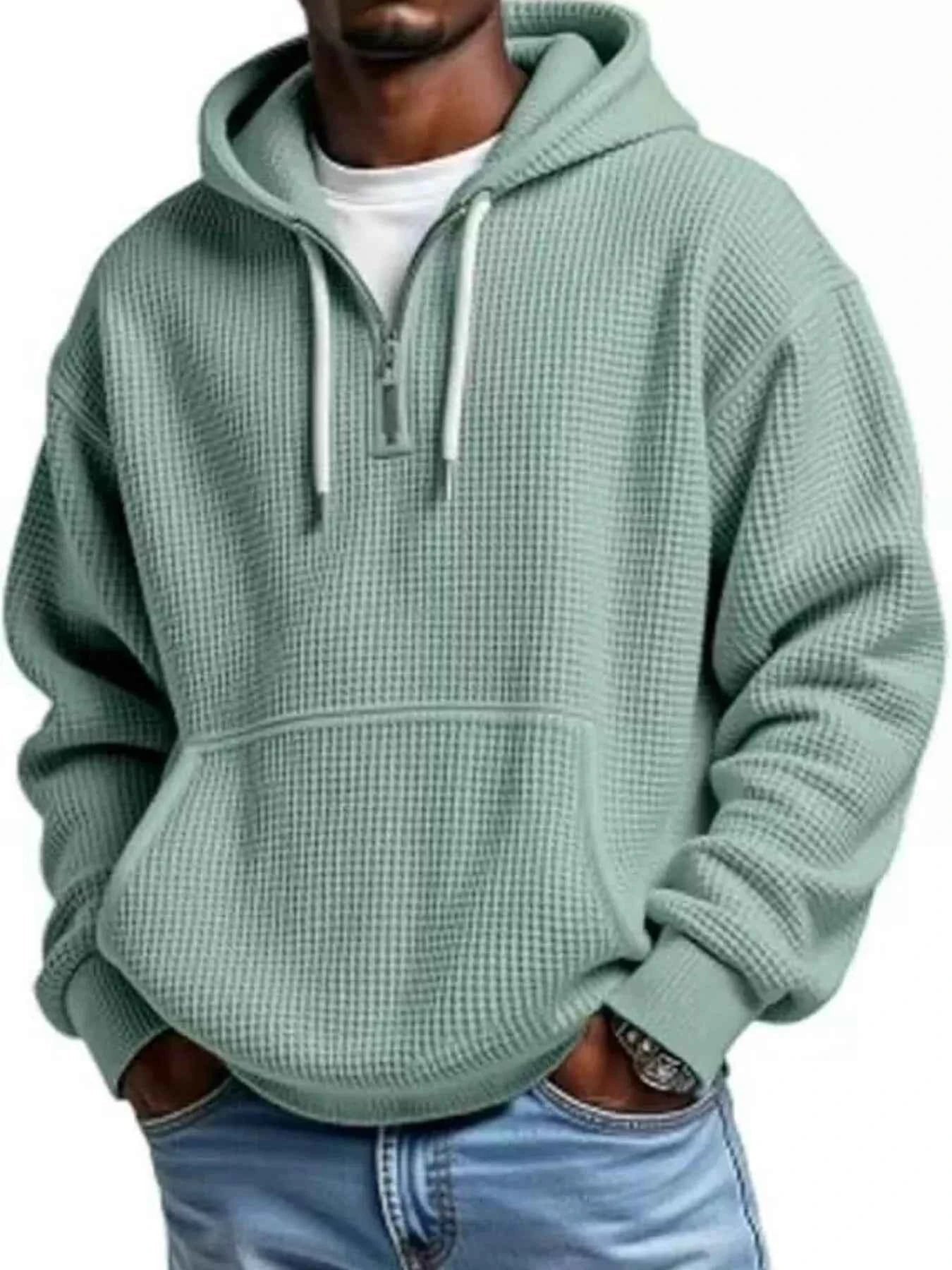 Men's Full Size Textured Waffle Knit Half - Zip Hoodie Plus Size - ELC Fashion