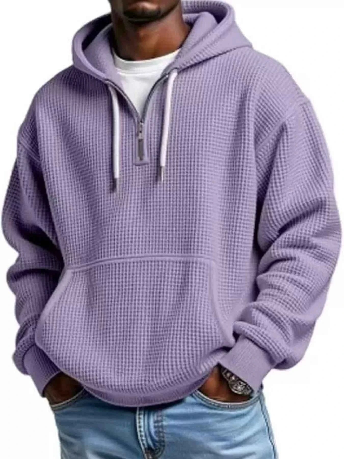 Men's Full Size Textured Waffle Knit Half - Zip Hoodie Plus Size - ELC Fashion