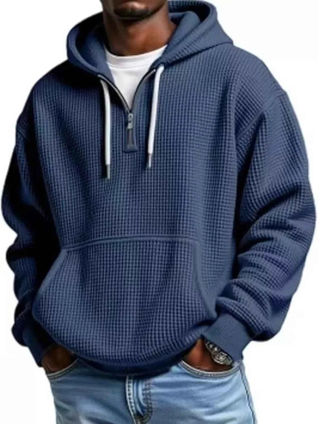 Men's Full Size Textured Waffle Knit Half - Zip Hoodie Plus Size - ELC Fashion