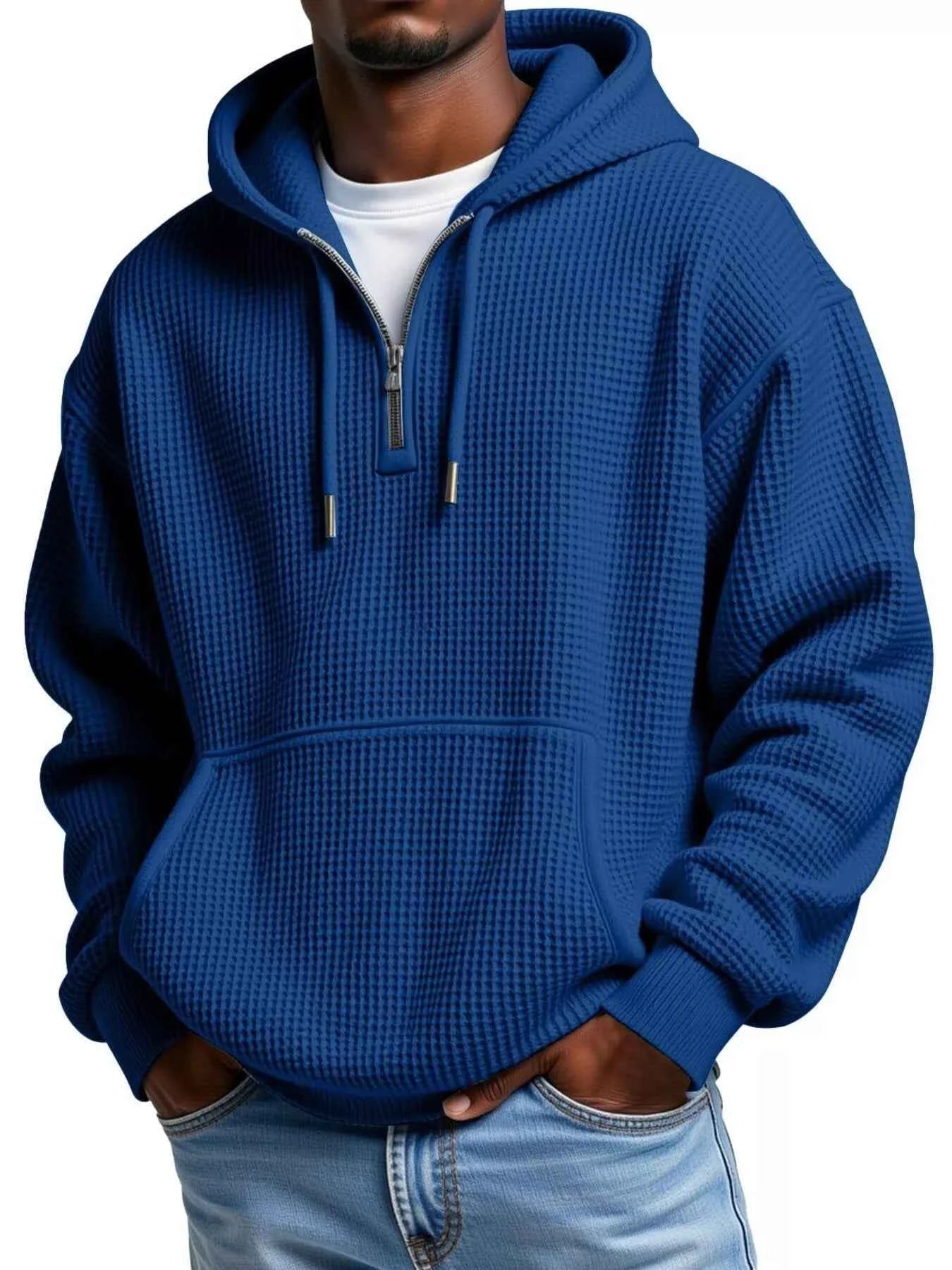 Men's Full Size Textured Waffle Knit Half - Zip Hoodie Plus Size - ELC Fashion
