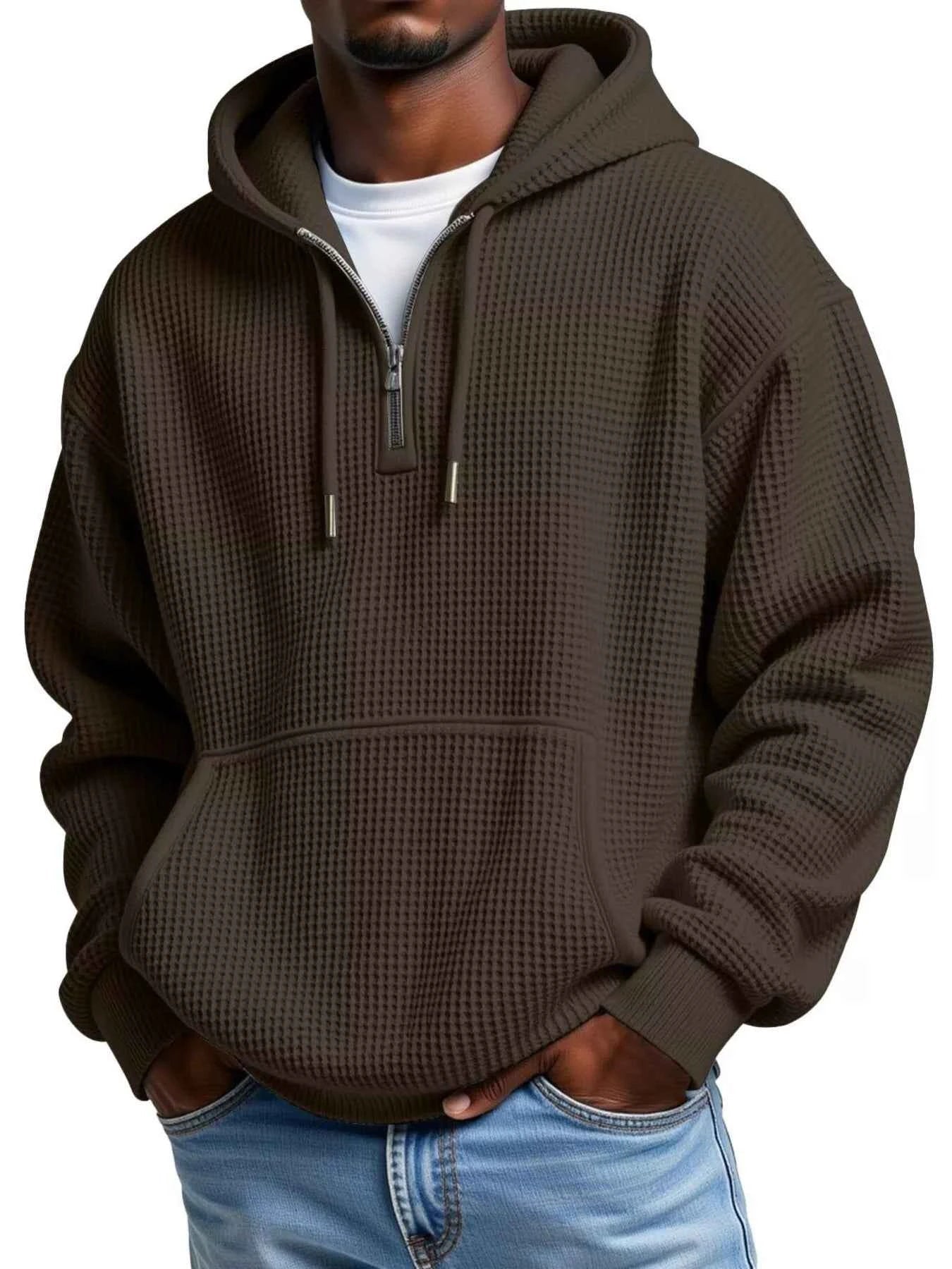 Men's Full Size Textured Waffle Knit Half - Zip Hoodie Plus Size - ELC Fashion