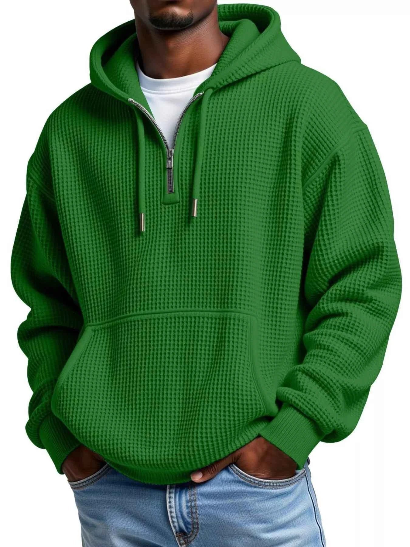 Men's Full Size Textured Waffle Knit Half - Zip Hoodie Plus Size - ELC Fashion