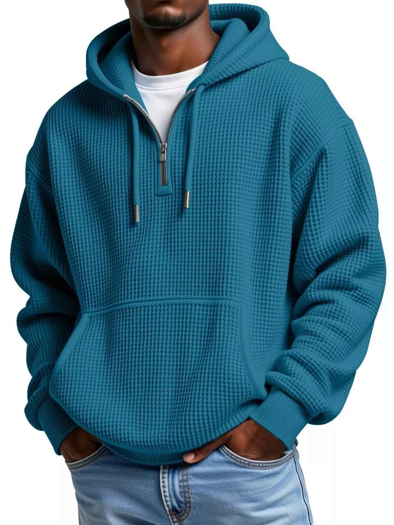 Men's Full Size Textured Waffle Knit Half - Zip Hoodie Plus Size - ELC Fashion