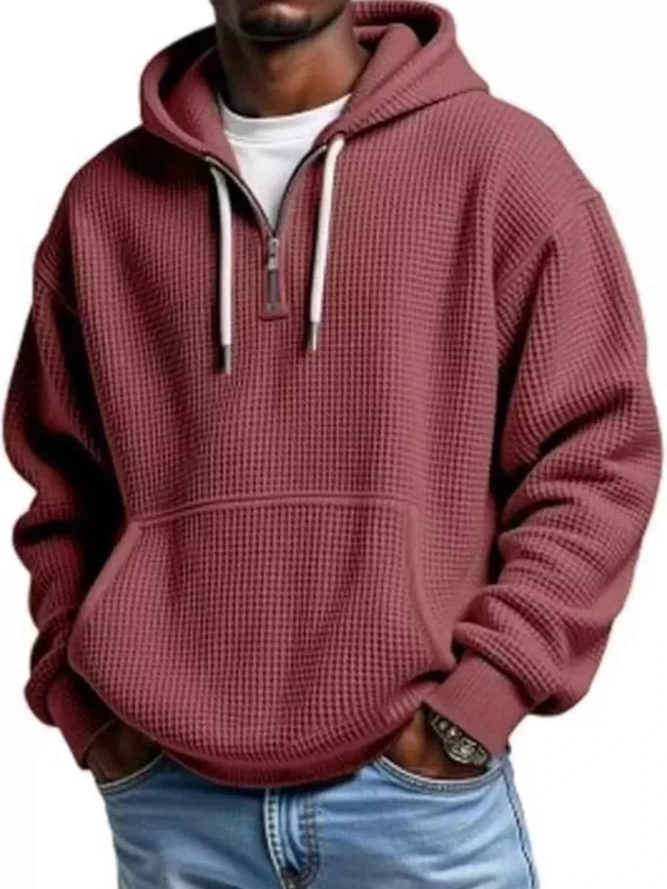 Men's Full Size Textured Waffle Knit Half - Zip Hoodie Plus Size - ELC Fashion