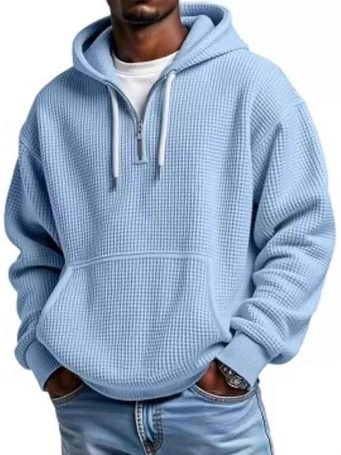 Men's Full Size Textured Waffle Knit Half - Zip Hoodie Plus Size - ELC Fashion