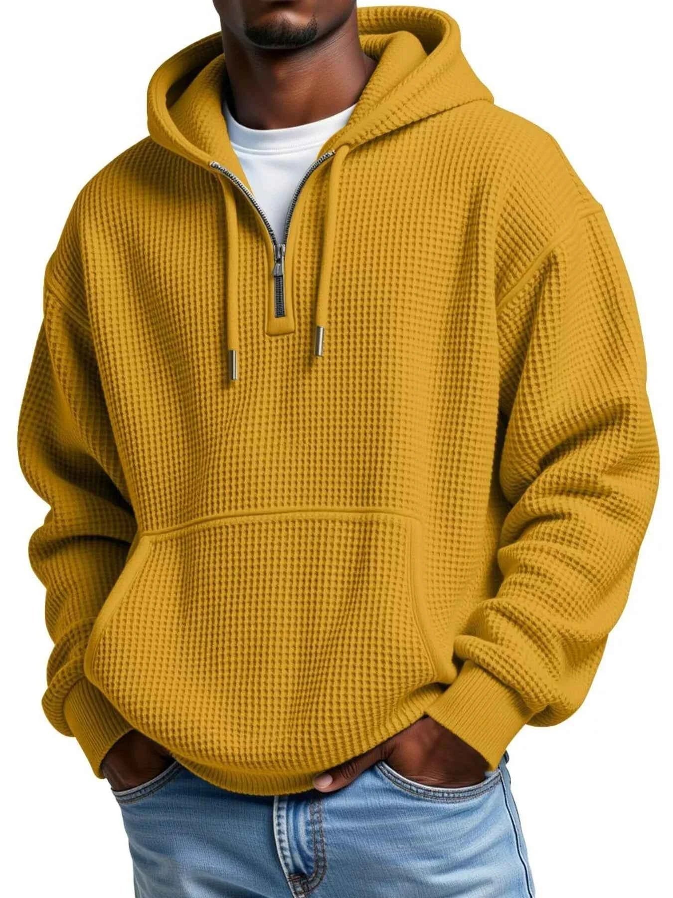 Men's Full Size Textured Waffle Knit Half - Zip Hoodie Plus Size - ELC Fashion