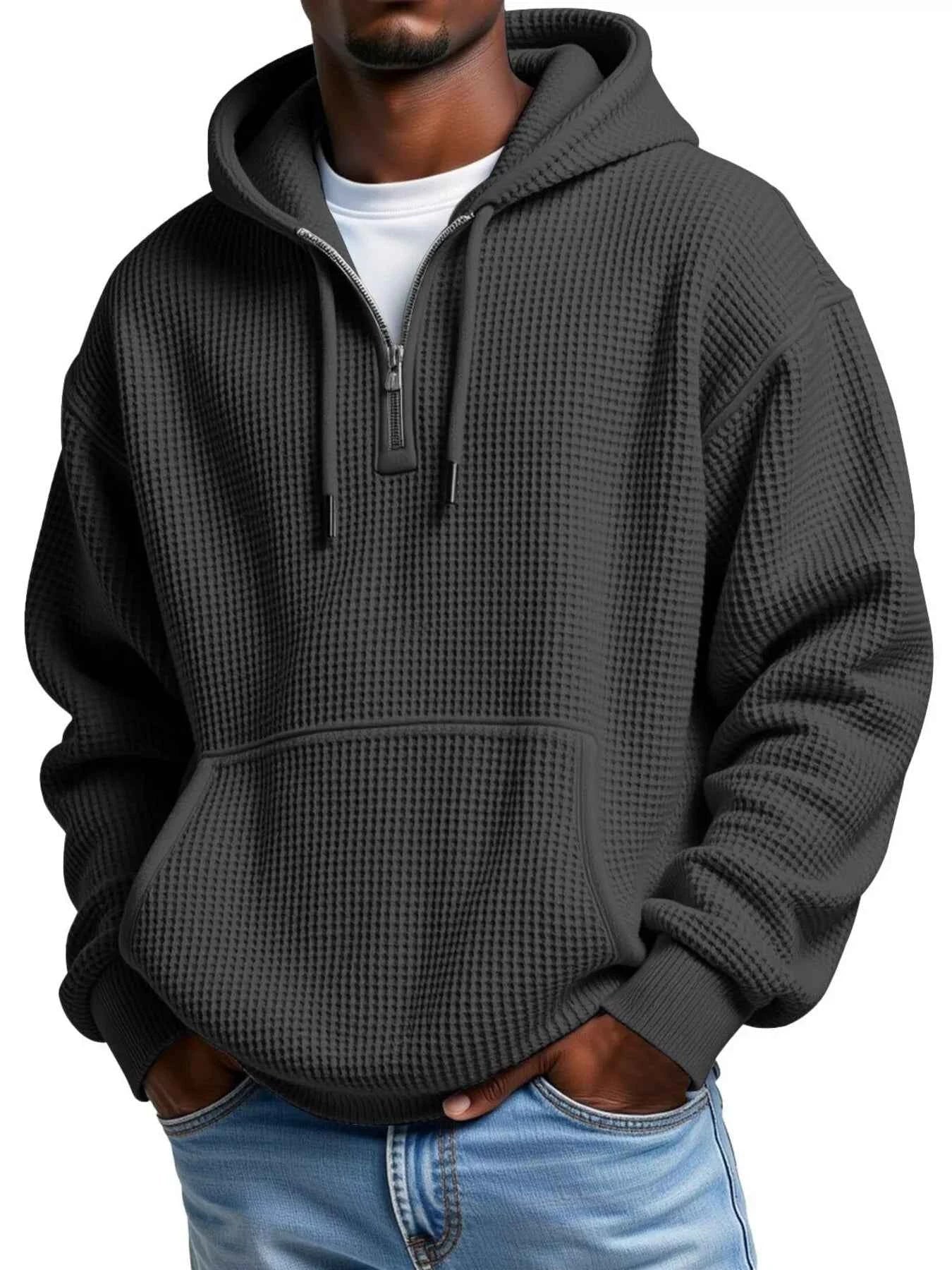 Men's Full Size Textured Waffle Knit Half - Zip Hoodie Plus Size - ELC Fashion