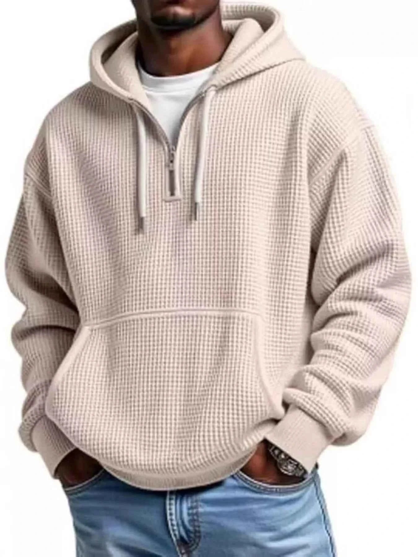 Men's Full Size Textured Waffle Knit Half - Zip Hoodie Plus Size - ELC Fashion