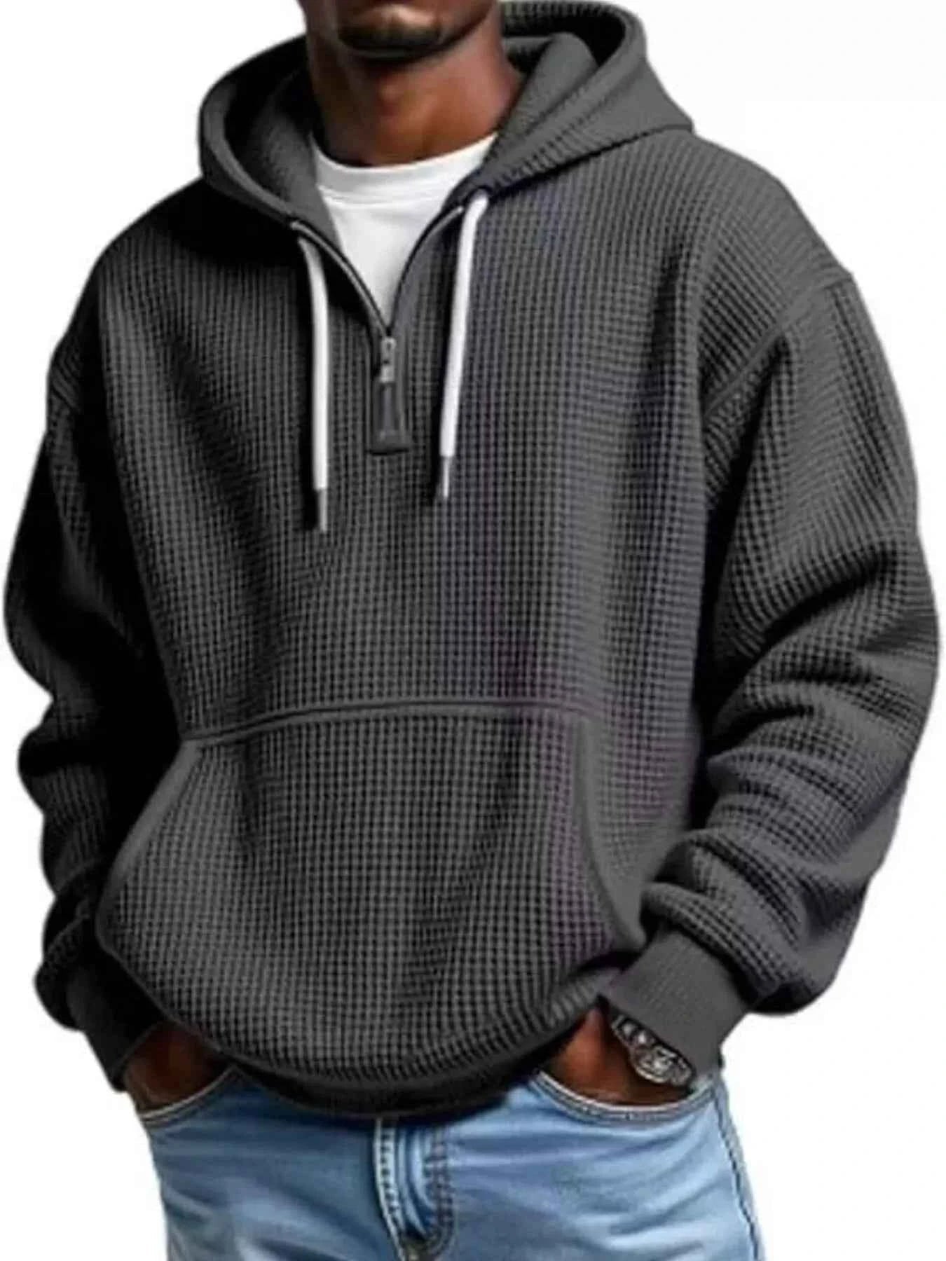 Men's Full Size Textured Waffle Knit Half - Zip Hoodie Plus Size - ELC Fashion