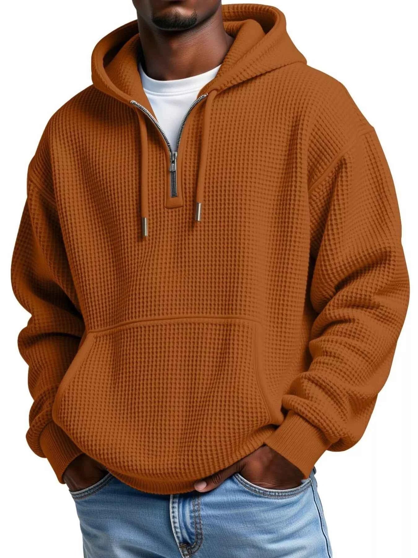 Men's Full Size Textured Waffle Knit Half - Zip Hoodie Plus Size - ELC Fashion